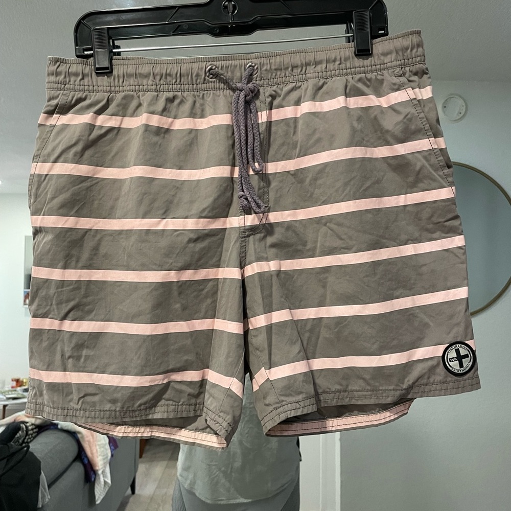 Mens Tavik gray and pink striped board shorts